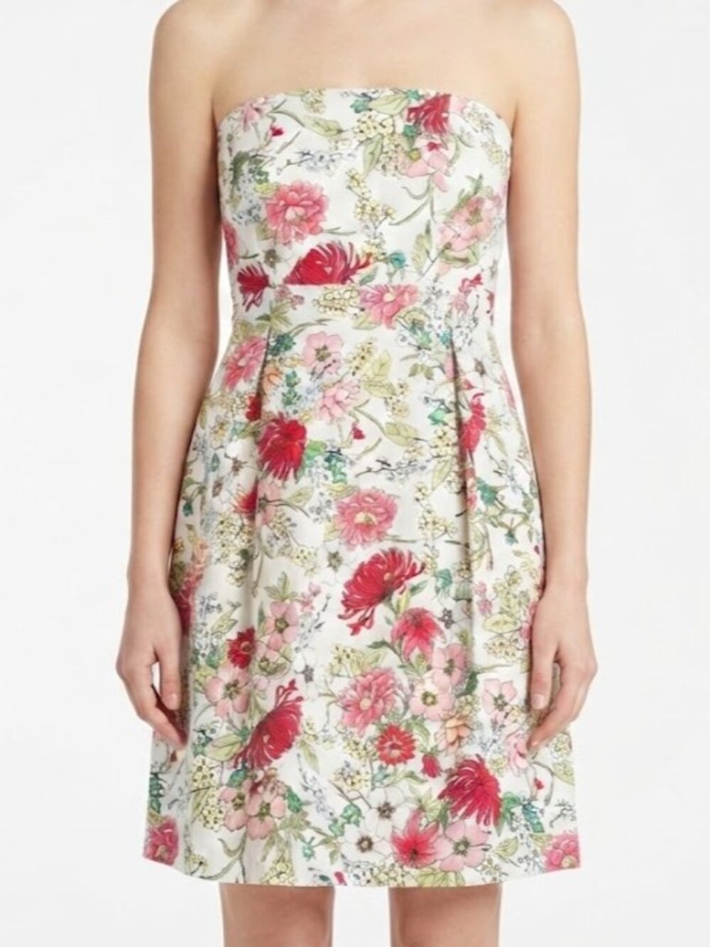 White Strapless Floral Mini Dress with Pink and Red Blooms